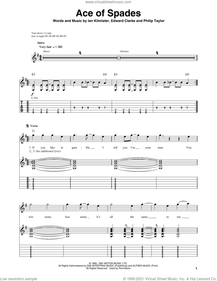 Ace Of Spades sheet music for guitar (tablature, play-along) by Motorhead, Edward Clarke, Ian Kilmister and Philip Taylor, intermediate skill level