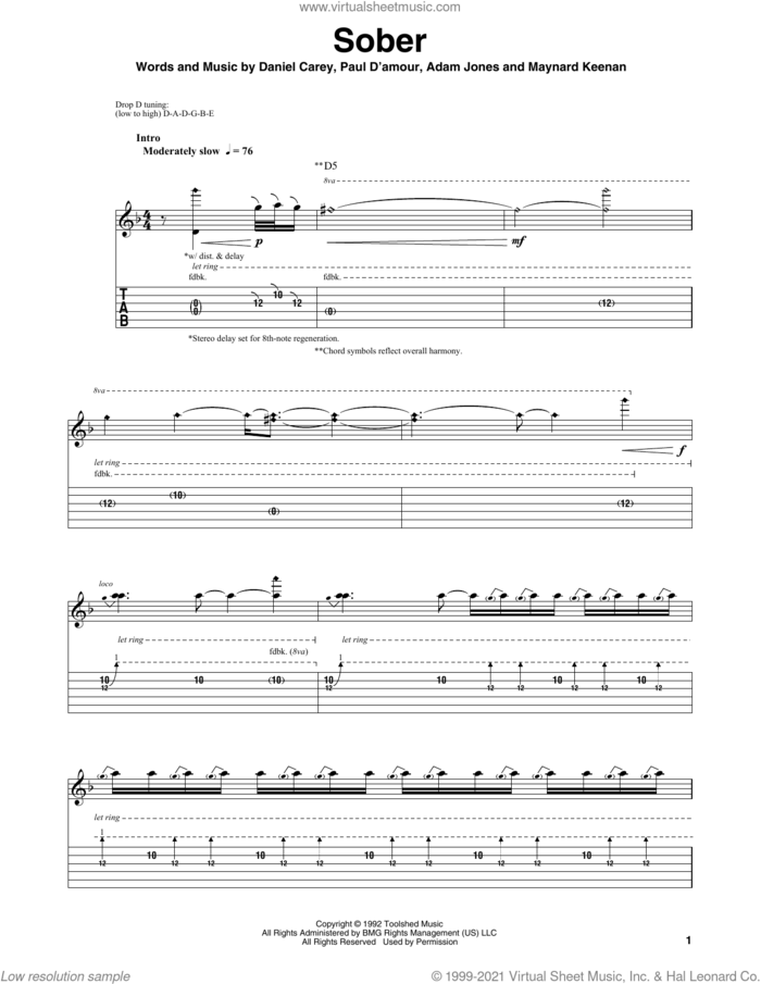 Sober sheet music for guitar (tablature, play-along) by Tool, Adam Jones, Daniel Carey and Maynard James Keenan, intermediate skill level