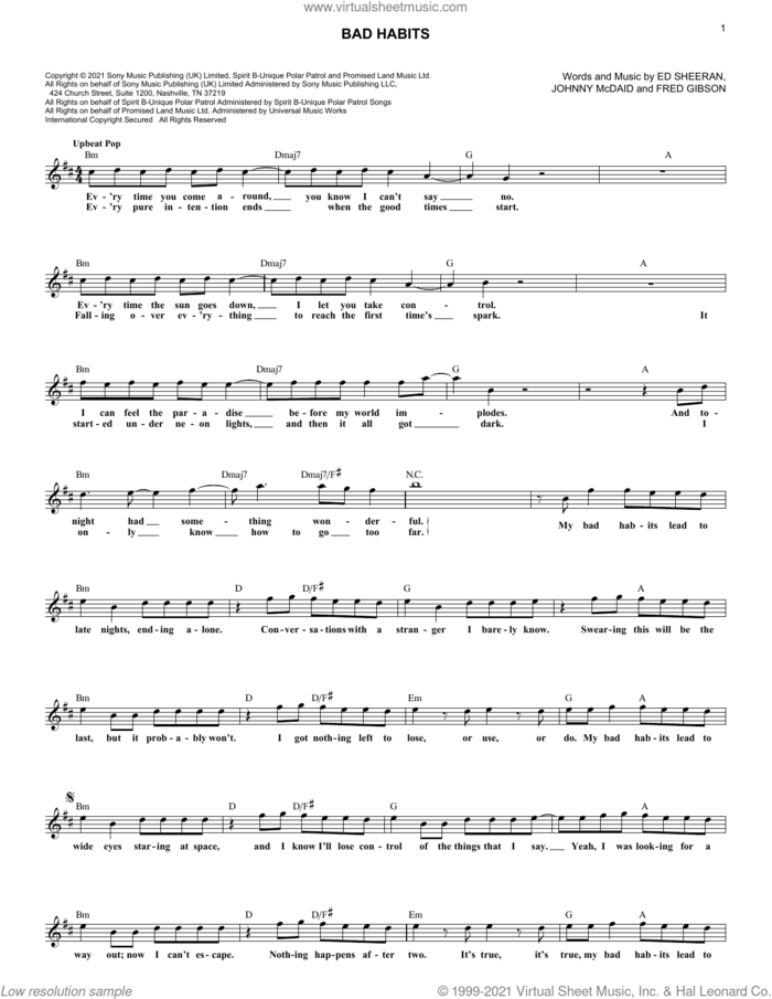 Bad Habits sheet music for voice and other instruments (fake book) by Ed Sheeran, Fred Gibson and Johnny McDaid, intermediate skill level