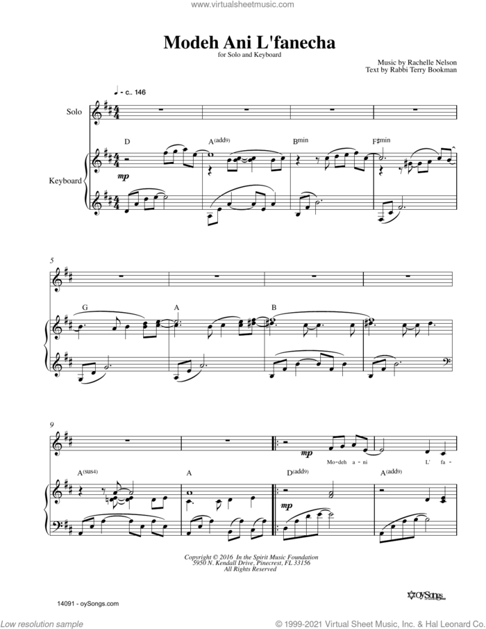 Modeh Ani L'Fanecha sheet music for voice and piano by Rachelle Nelson, intermediate skill level