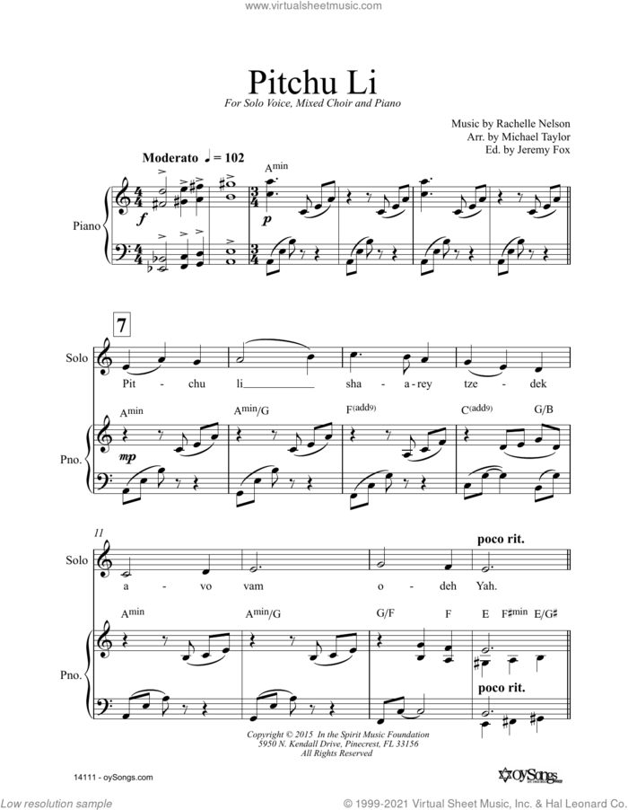 Pitchu Li sheet music for choir (SATB: soprano, alto, tenor, bass) by Rachelle Nelson, intermediate skill level