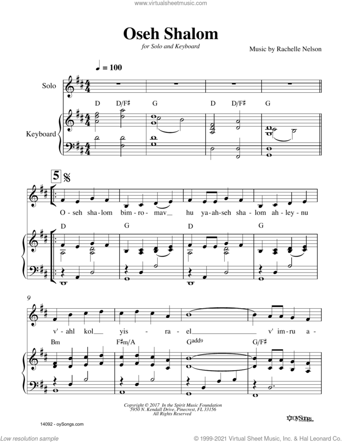 Oseh Shalom sheet music for voice and piano by Rachelle Nelson, intermediate skill level