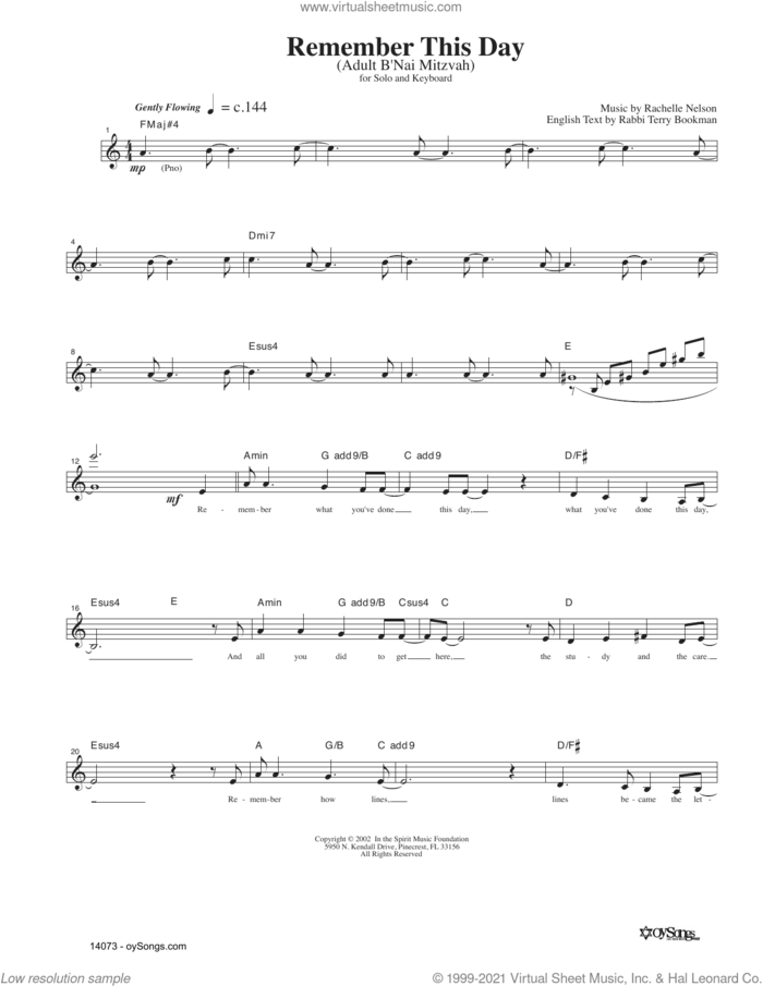 Remember This Day sheet music for voice and other instruments (fake book) by Rachelle Nelson, intermediate skill level