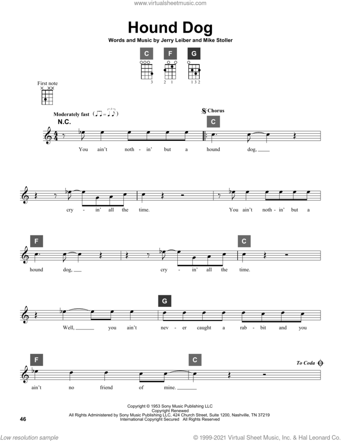 Hound Dog sheet music for ukulele solo (ChordBuddy system) by Elvis Presley, Jerry Leiber and Mike Stoller, intermediate ukulele (ChordBuddy system)