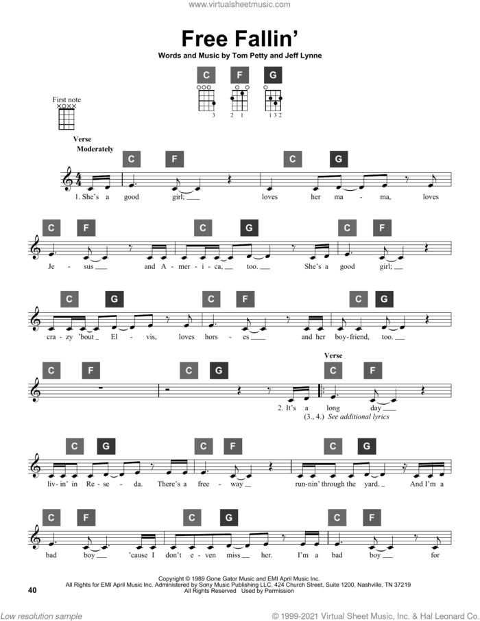 Free Fallin' sheet music for ukulele solo (ChordBuddy system) by Tom Petty and Jeff Lynne, intermediate ukulele (ChordBuddy system)