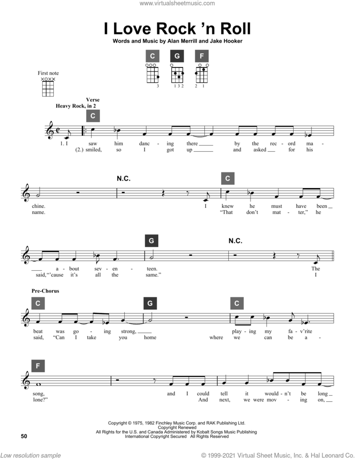 I Love Rock 'N Roll sheet music for ukulele solo (ChordBuddy system) by Joan Jett & The Blackhearts, Alan Merrill and Jake Hooker, intermediate ukulele (ChordBuddy system)