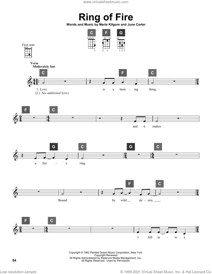 Ring Of Fire sheet music for ukulele solo (ChordBuddy system) by Johnny Cash, June Carter and Merle Kilgore, intermediate ukulele (ChordBuddy system)