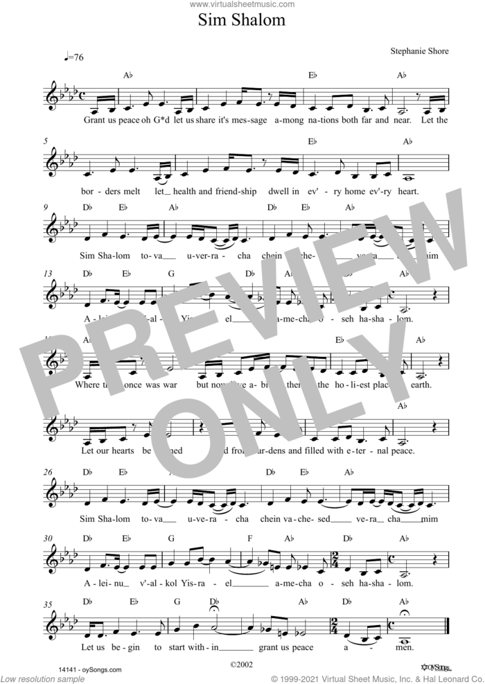 Sim Shalom sheet music for voice and other instruments (fake book) by Stephanie Shore, intermediate skill level