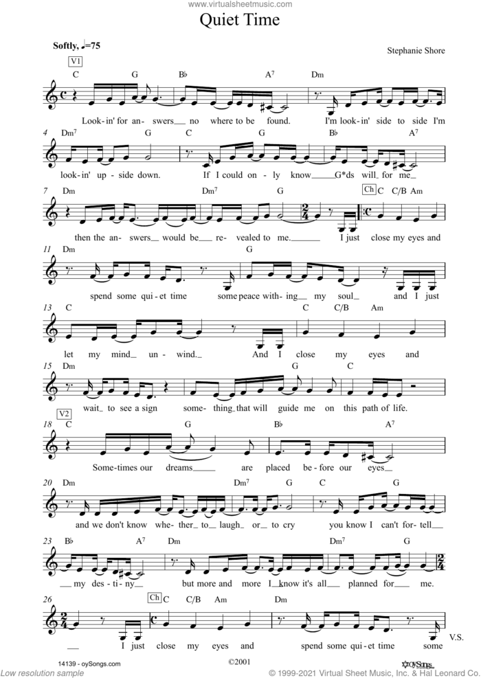 Quiet Time sheet music for voice and other instruments (fake book) by Stephanie Shore, intermediate skill level