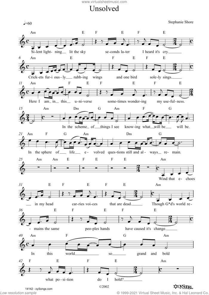 Unsolved sheet music for voice and other instruments (fake book) by Stephanie Shore, intermediate skill level