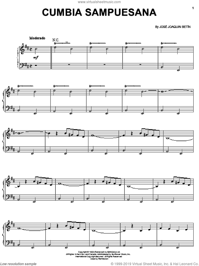 Cumbia Sampuesana sheet music for voice, piano or guitar by Jose Joaquin Betin, intermediate skill level