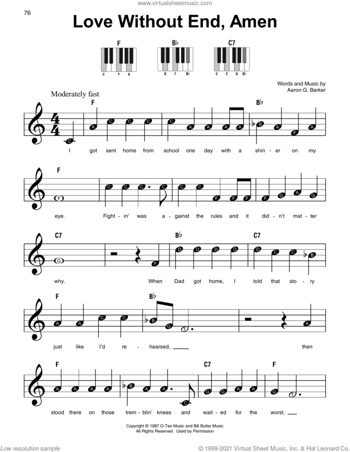 Love Without End, Amen, (beginner) sheet music for piano solo by George Strait and Aaron G. Barker, beginner skill level
