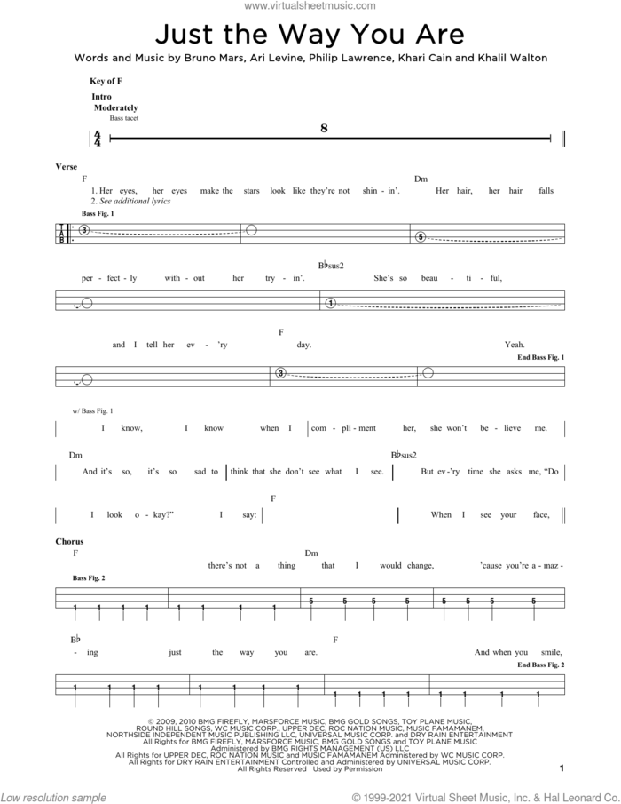 Just The Way You Are sheet music for bass solo by Bruno Mars, Ari Levine, Khalil Walton, Khari Cain and Philip Lawrence, wedding score, intermediate skill level