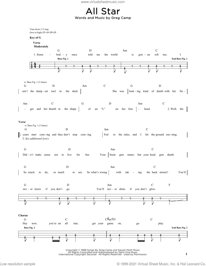 All Star sheet music for bass solo by Smash Mouth and Greg Camp, intermediate skill level