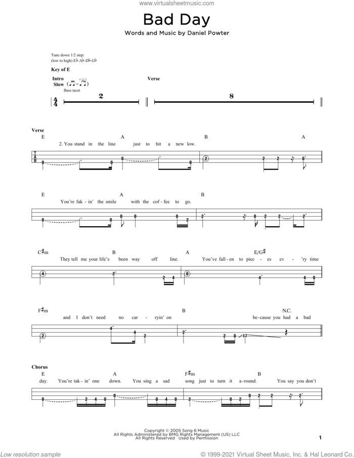 Bad Day sheet music for bass solo by Daniel Powter and Alvin And The Chipmunks, intermediate skill level