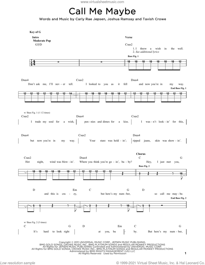 Call Me Maybe sheet music for bass solo by Carly Rae Jepsen, Joshua Ramsay and Tavish Crowe, intermediate skill level
