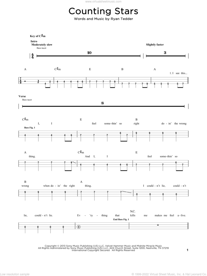 Counting Stars sheet music for bass solo by OneRepublic and Ryan Tedder, intermediate skill level
