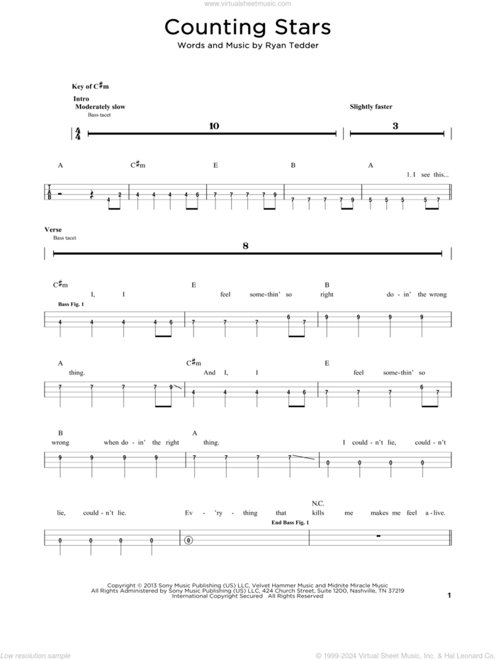 Counting Stars sheet music for bass solo by OneRepublic and Ryan Tedder, intermediate skill level