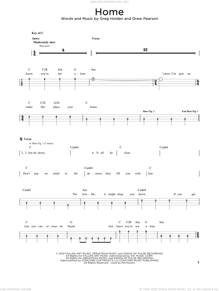 Home sheet music for bass solo by Phillip Phillips, Drew Pearson and Greg Holden, intermediate skill level