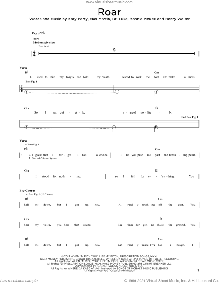 Roar sheet music for bass solo by Katy Perry, Bonnie McKee, Dr. Luke, Henry Walter, Lukasz Gottwald and Max Martin, intermediate skill level