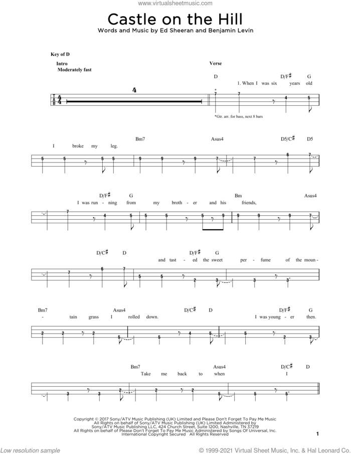 Castle On The Hill sheet music for bass solo by Ed Sheeran and Benjamin Levin, intermediate skill level