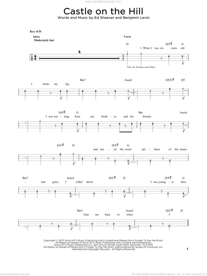 Castle On The Hill sheet music for bass solo by Ed Sheeran and Benjamin Levin, intermediate skill level