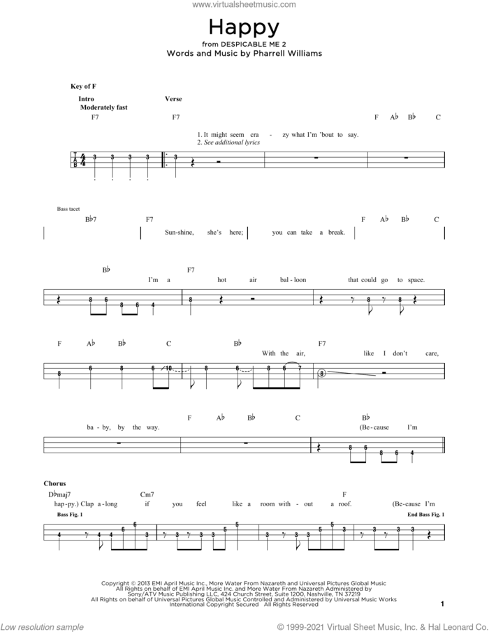 Happy sheet music for bass solo by Pharrell and Pharrell Williams, intermediate skill level