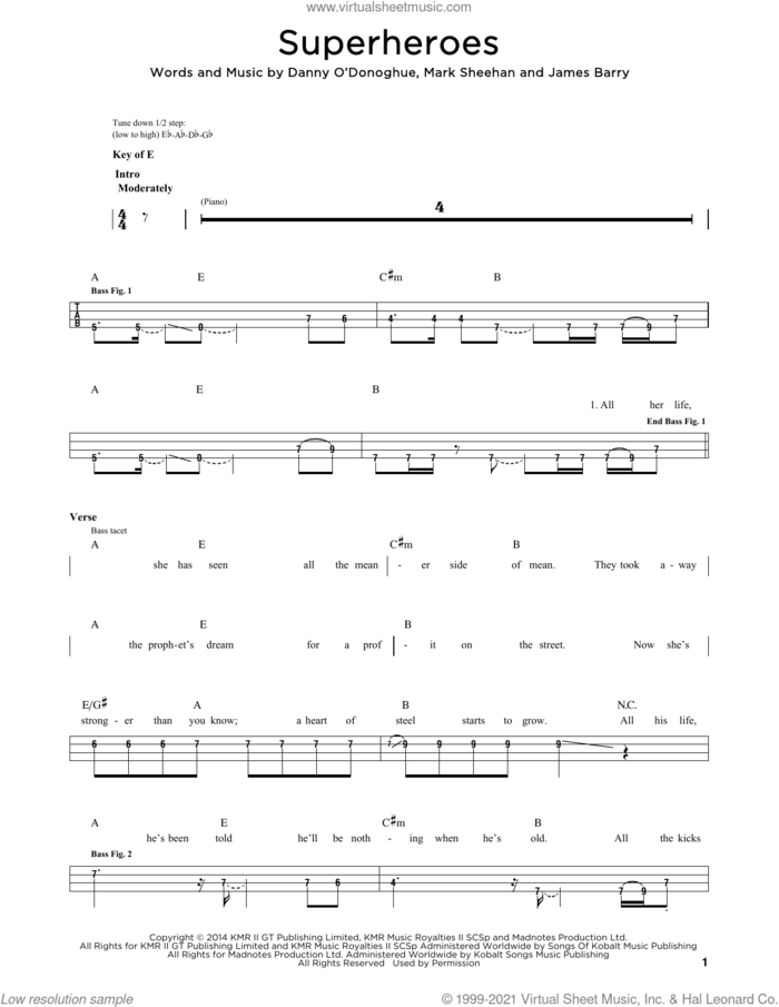 Superheroes sheet music for bass solo by The Script, James Barry and Mark Sheehan, intermediate skill level