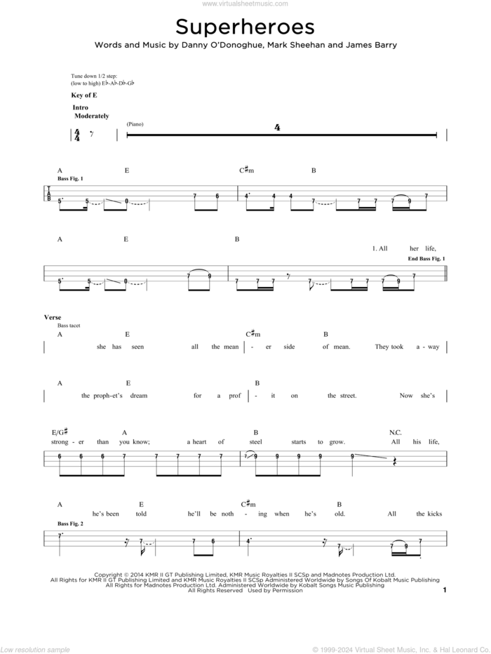 Superheroes sheet music for bass solo by The Script, James Barry and Mark Sheehan, intermediate skill level