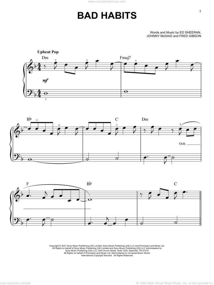 Bad Habits, (easy) sheet music for piano solo by Ed Sheeran, Fred Gibson and Johnny McDaid, easy skill level