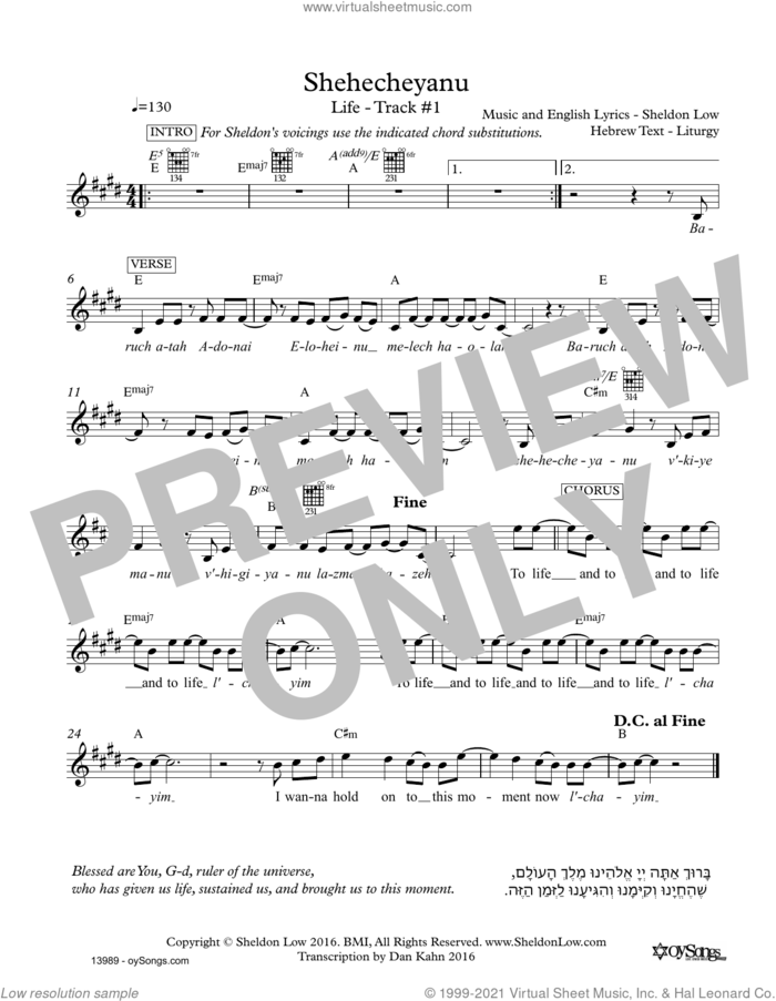 Shehecheyanu sheet music for voice and other instruments (fake book) by Sheldon Low, intermediate skill level