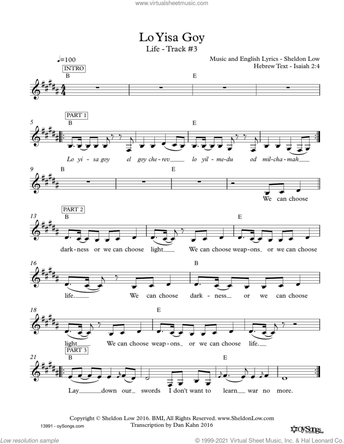 Lo Yisa Goy sheet music for voice and other instruments (fake book) by Sheldon Low, intermediate skill level