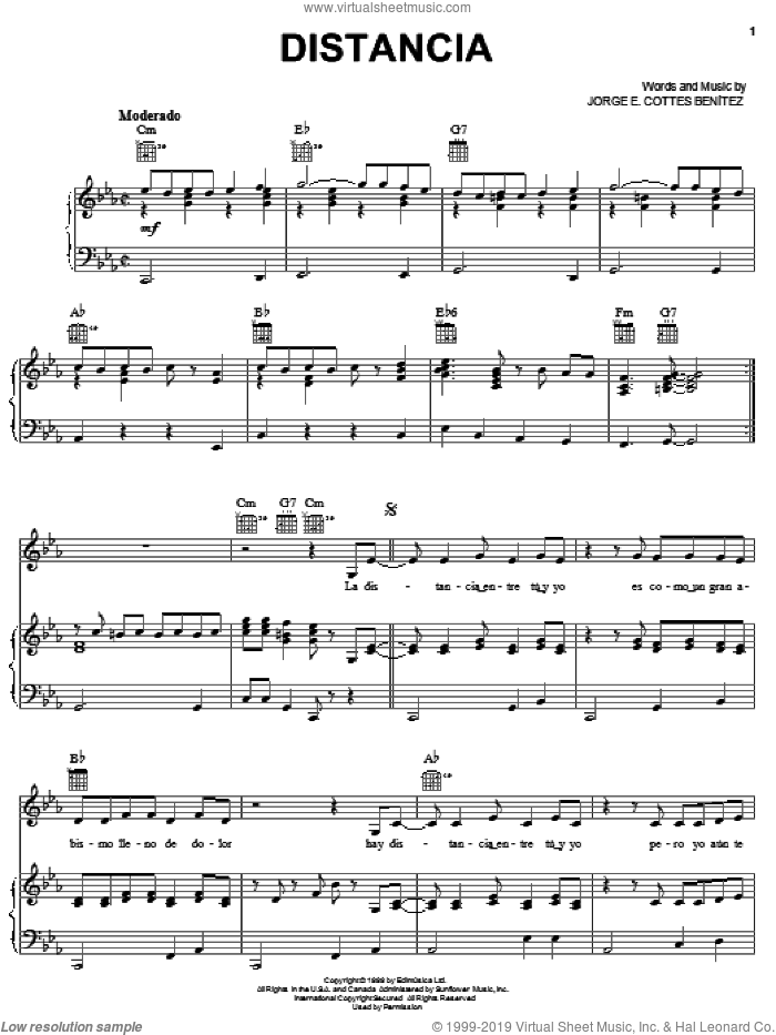 Distancia sheet music for voice, piano or guitar by Jorge E. Cottes Benitez, intermediate skill level