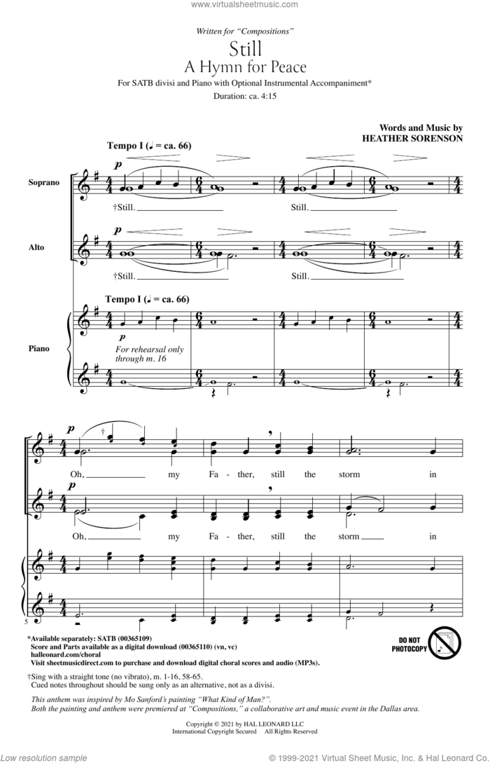 Still (A Hymn For Peace) sheet music for choir (SATB: soprano, alto, tenor, bass) by Heather Sorenson, intermediate skill level