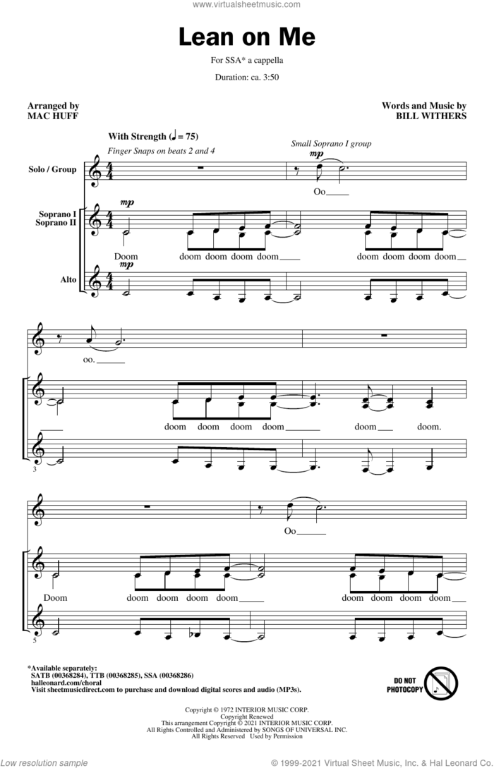 Lean On Me (arr. Mac Huff) sheet music for choir (SSA: soprano, alto) by Bill Withers and Mac Huff, intermediate skill level