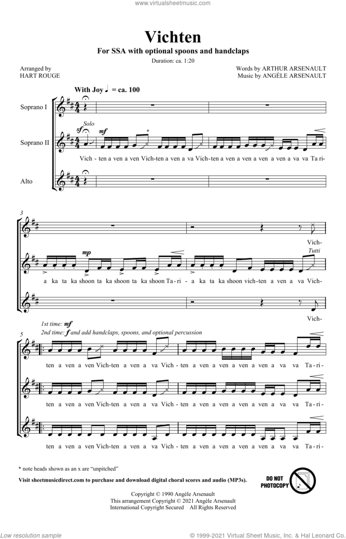 Vichten (arr. Hart Rouge) sheet music for choir (SSA: soprano, alto) by Arthur Arsenault, Hart Rouge and Angele Arsenault, intermediate skill level