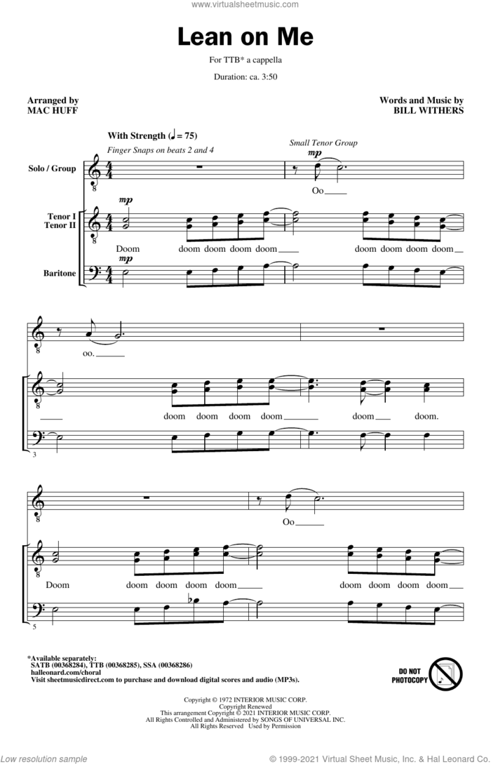 Lean On Me (arr. Mac Huff) sheet music for choir (TTB: tenor, bass) by Bill Withers and Mac Huff, intermediate skill level