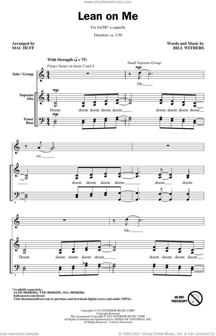 Lean On Me (arr. Mac Huff) sheet music for choir (SATB: soprano, alto, tenor, bass) by Bill Withers and Mac Huff, intermediate skill level