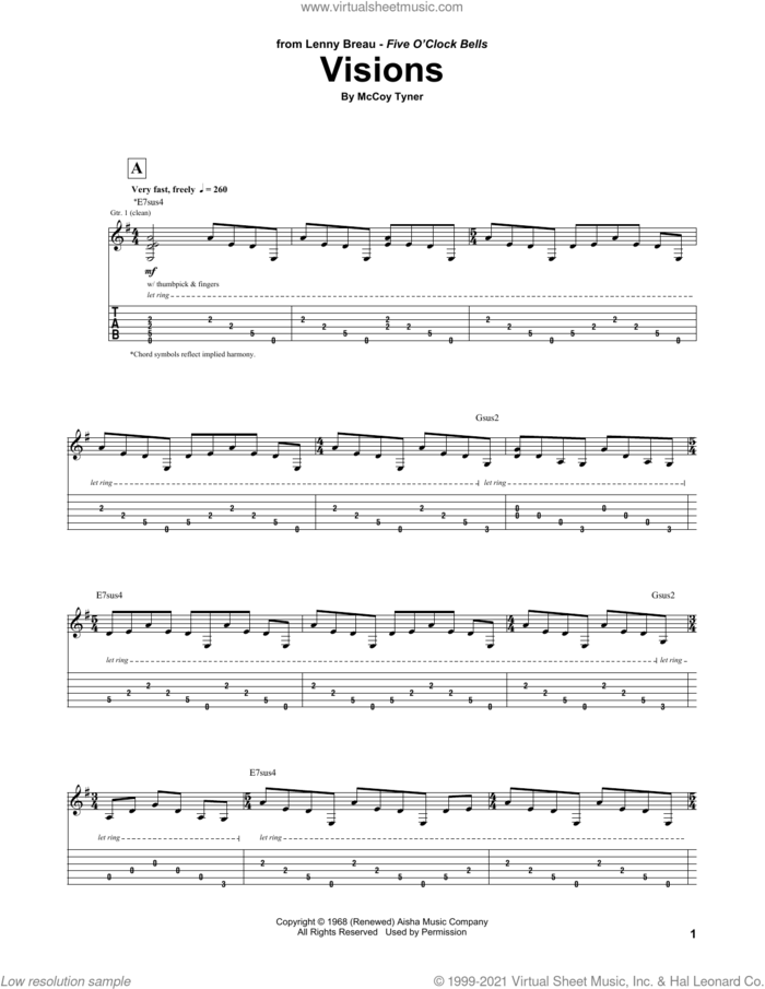 Visions sheet music for guitar (tablature) by Lenny Breau and McCoy Tyner, intermediate skill level