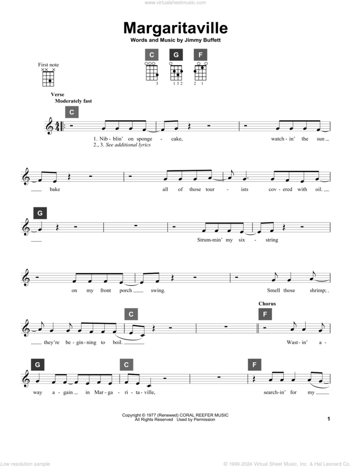 Margaritaville sheet music for ukulele solo (ChordBuddy system) by Jimmy Buffett, intermediate ukulele (ChordBuddy system)