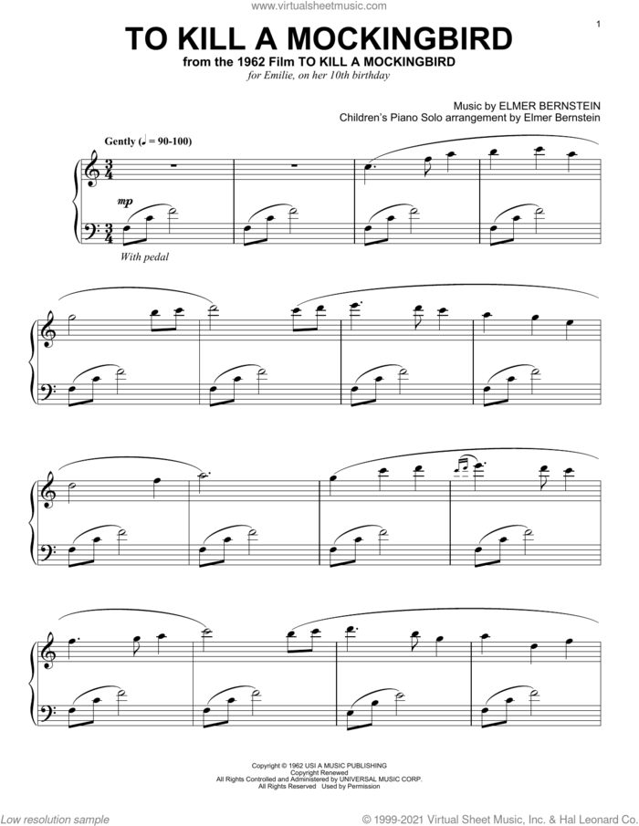 To Kill A Mockingbird sheet music for voice and other instruments (E-Z Play) by Elmer Bernstein, easy skill level