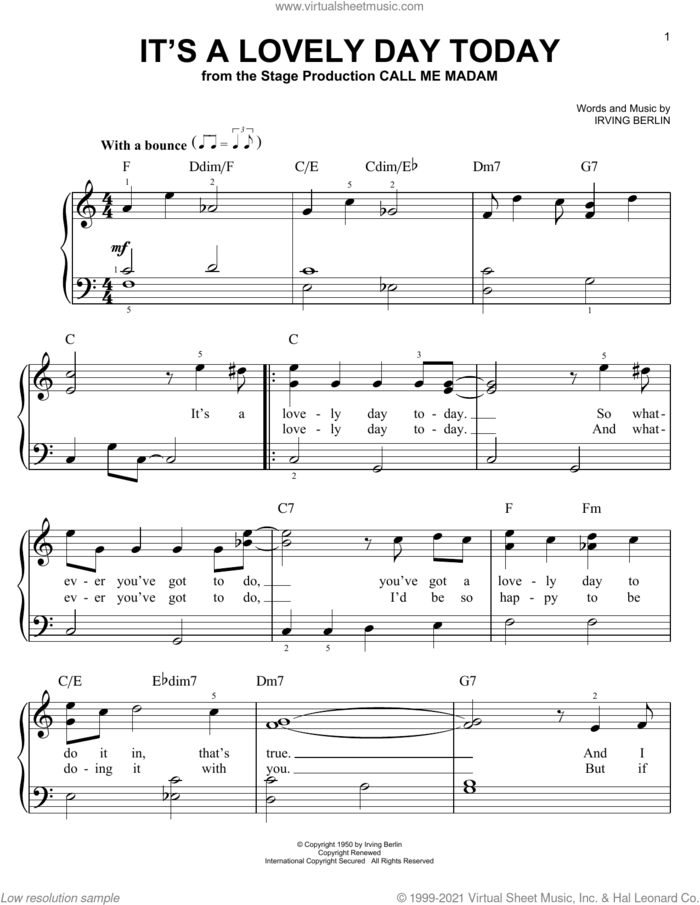 It's A Lovely Day Today (from Call Me Madam) sheet music for voice and other instruments (E-Z Play) by Irving Berlin and Elmo Hope, easy skill level