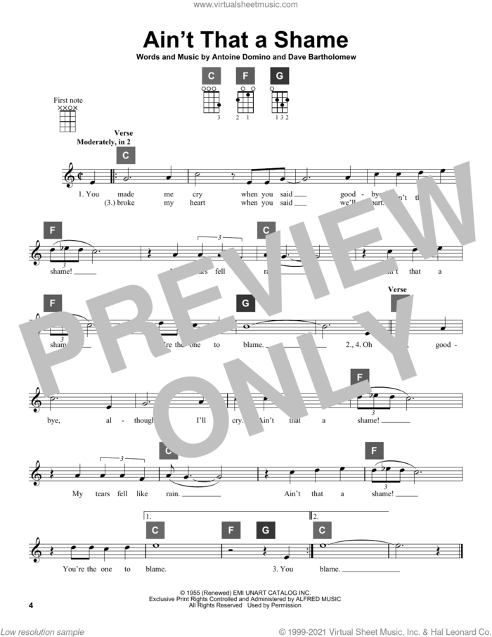 Ain't That A Shame sheet music for ukulele solo (ChordBuddy system) by Fats Domino, Antoine Domino and Dave Bartholomew, intermediate ukulele (ChordBuddy system)