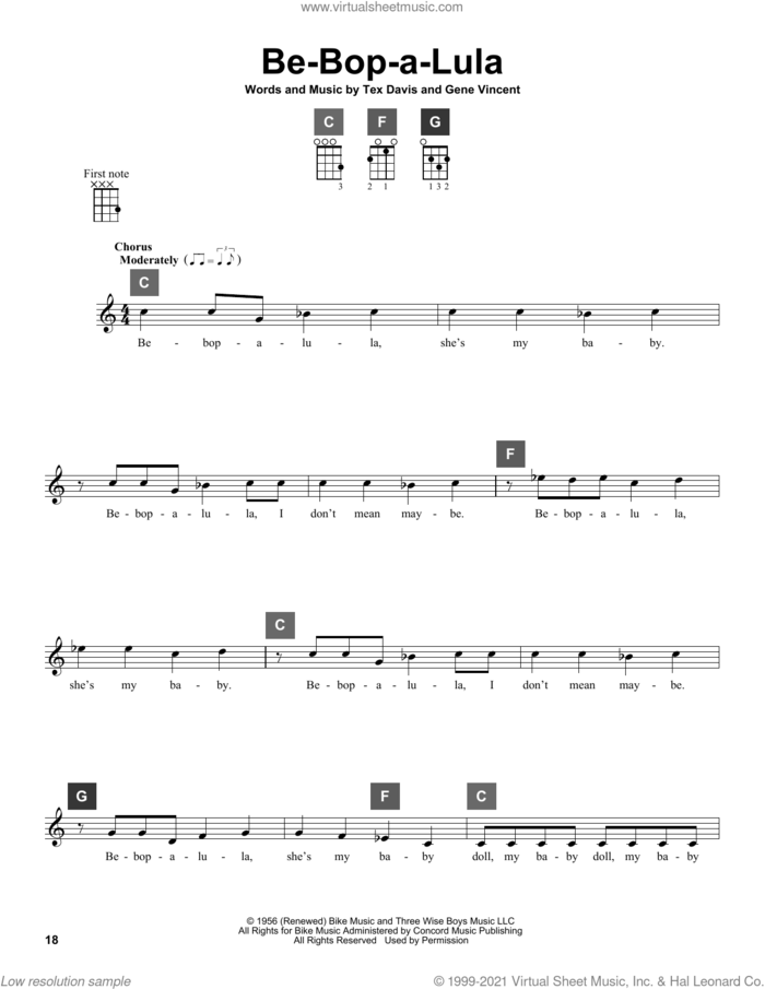 Be-Bop-A-Lula sheet music for ukulele solo (ChordBuddy system) by Gene Vincent and Tex Davis, intermediate ukulele (ChordBuddy system)