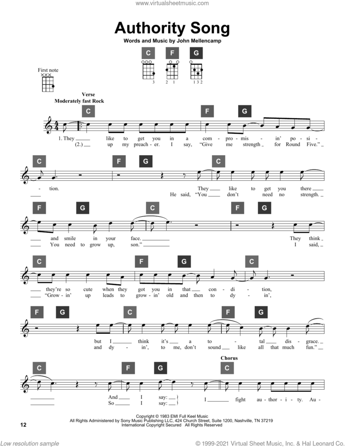 Authority Song sheet music for ukulele solo (ChordBuddy system) by John Mellencamp, intermediate ukulele (ChordBuddy system)
