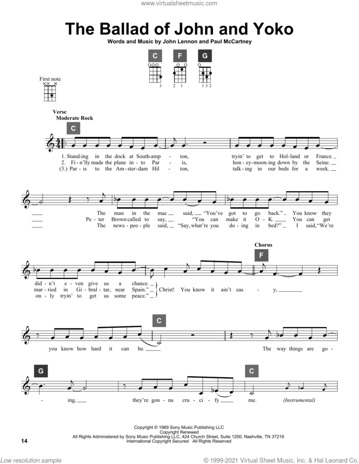 The Ballad Of John And Yoko sheet music for ukulele solo (ChordBuddy system) by The Beatles, John Lennon and Paul McCartney, intermediate ukulele (ChordBuddy system)