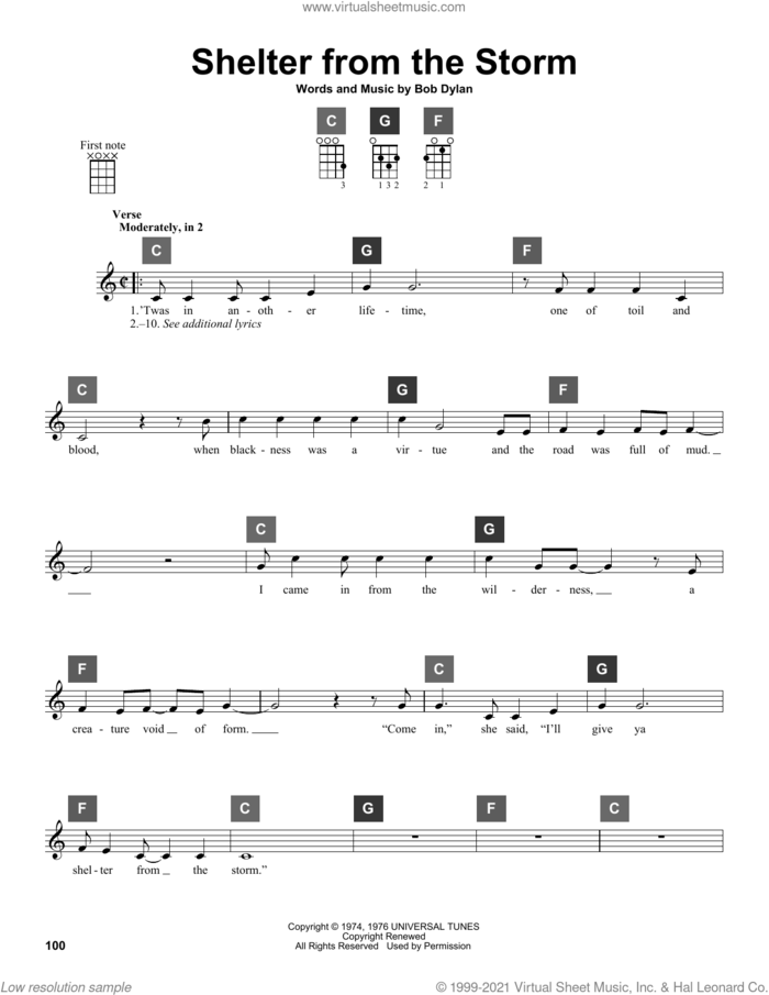 Shelter From The Storm sheet music for ukulele solo (ChordBuddy system) by Bob Dylan, intermediate ukulele (ChordBuddy system)