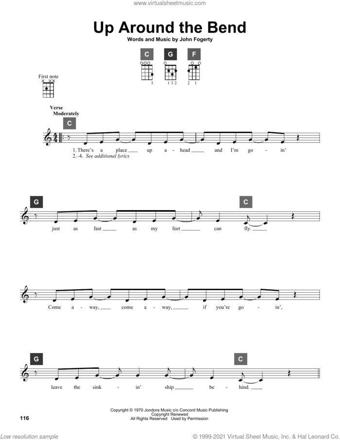 Up Around The Bend sheet music for ukulele solo (ChordBuddy system) by Creedence Clearwater Revival and John Fogerty, intermediate ukulele (ChordBuddy system)