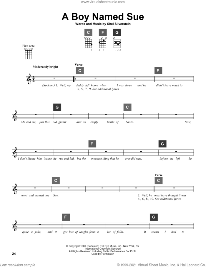 A Boy Named Sue sheet music for ukulele solo (ChordBuddy system) by Johnny Cash and Shel Silverstein, intermediate ukulele (ChordBuddy system)