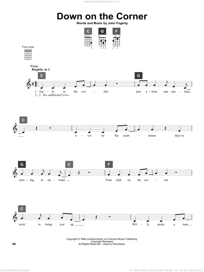 Down On The Corner sheet music for ukulele solo (ChordBuddy system) by Creedence Clearwater Revival and John Fogerty, intermediate ukulele (ChordBuddy system)